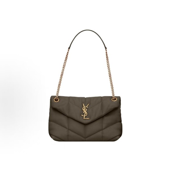 SAINT LAURENT YSL PUFFER Gold Logo sliding chain strap crossbody single-shoulder bag for women, brown